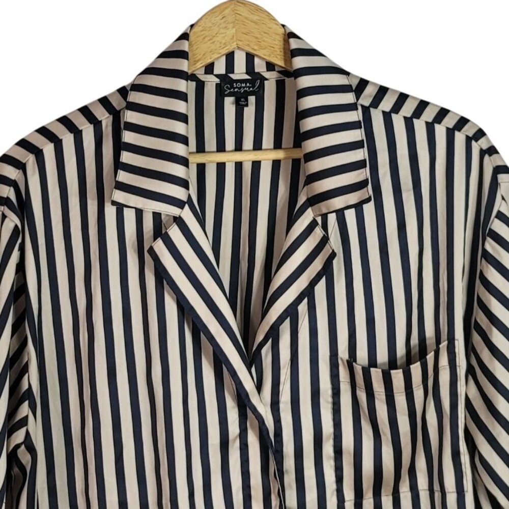 Soma Sensual Satin Striped Pajama Set Tan Black XL Long Pants Short Sleeve 2 PC - Picture 3 of 13